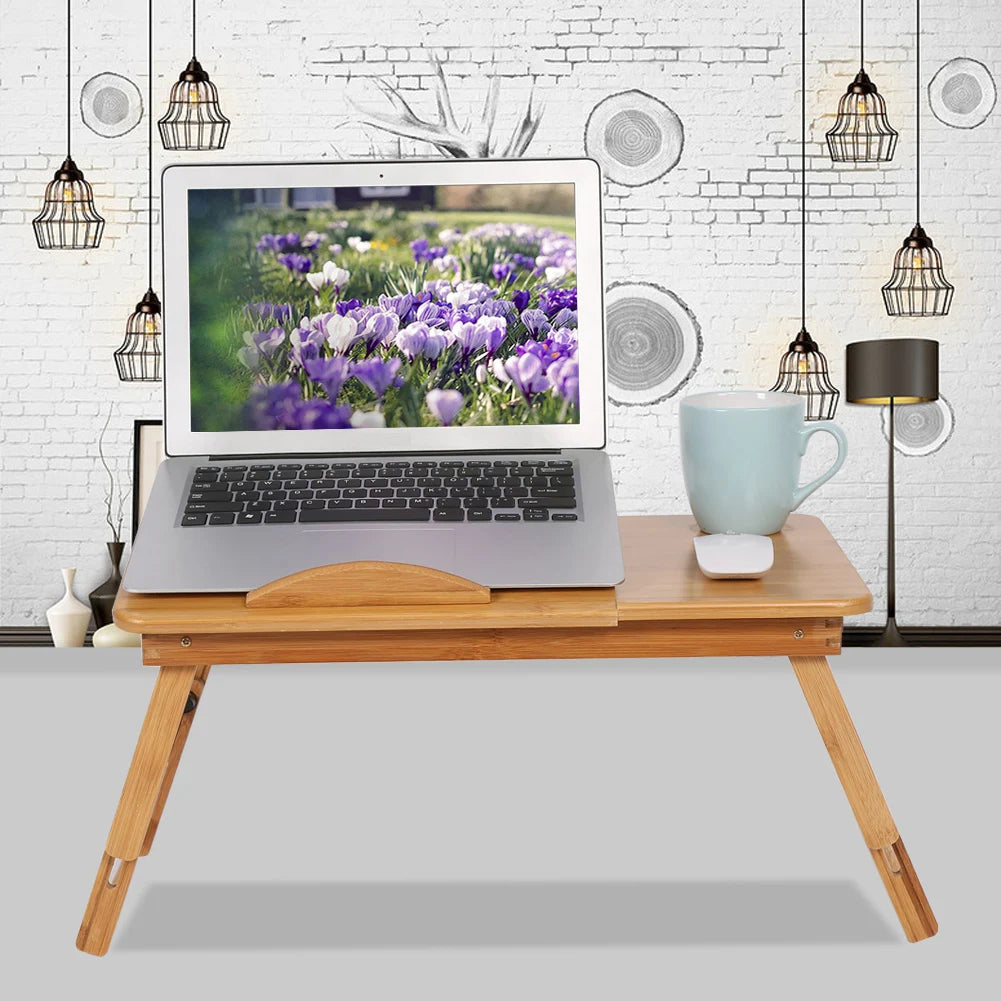 Adjustable Bamboo Bed Desk – Portable Laptop Tray with Shelf, Book Stand, and Cup Holder
