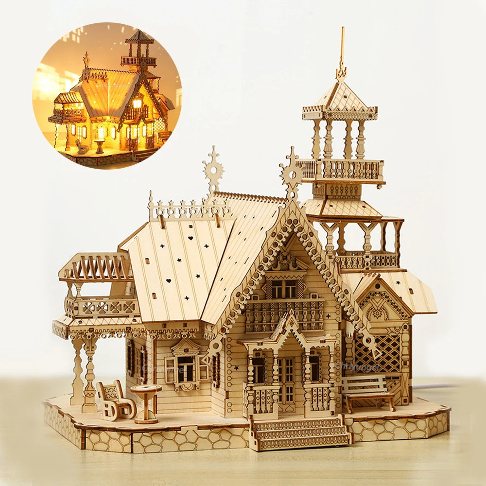 Kit de modelo de villa de madera 3D para armar, con luz, castillo, rompecabezas, juguete para niños y adultos, kit de modelos para armar, decoración de escritorio para regalo