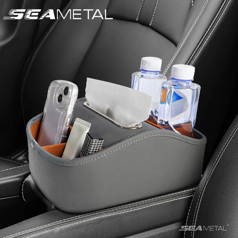 Universal Car Armrest Storage Box – PU Leather Center Console Organizer with Tissue Holder