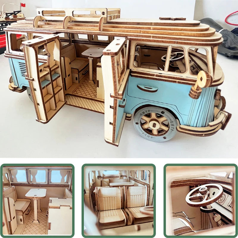 3D Wooden Puzzle RV Model Kit – DIY Educational Toy for Kids & Adults
