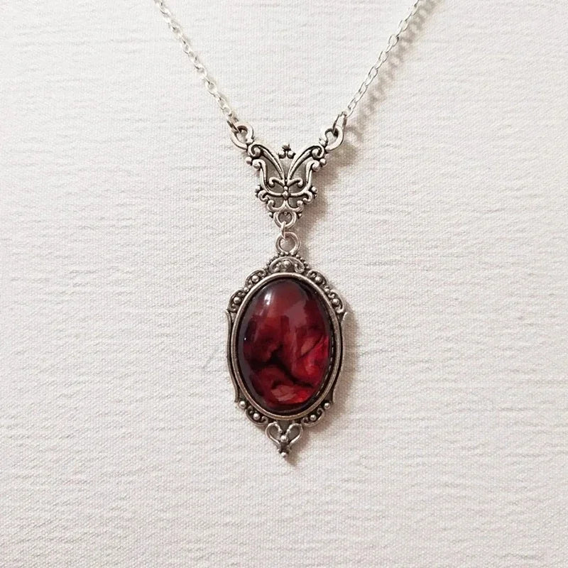 Gothic Blood Red Quartz Charm Necklace – Vintage Skeleton Pendant for Women