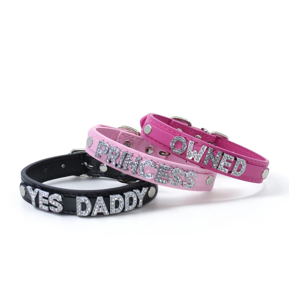 Custom Rhinestone Letter Choker Necklace – Personalized PU Leather Collar for Parties & Cosplay