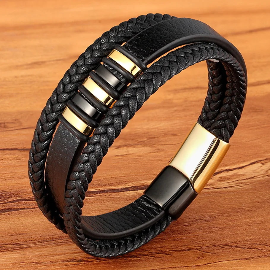 Stylish Leather & Stainless Steel Magnetic Bracelet – Classic & Unisex