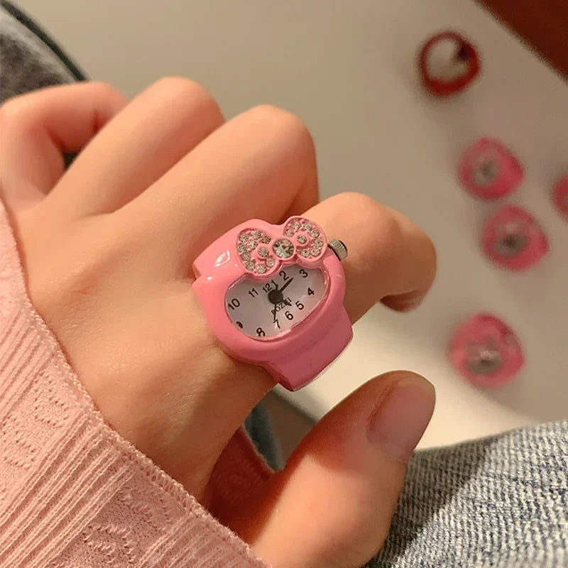 Hello Kitty Watch Ring - Cute Rhinestone Clock Jewelry for Girls
