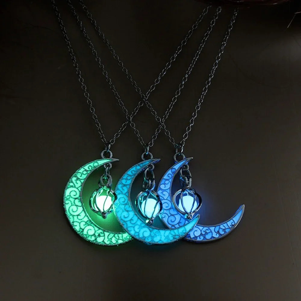 Glow in the Dark Moon & Star Planet Pendant Necklace – Luminous Celestial Charm
