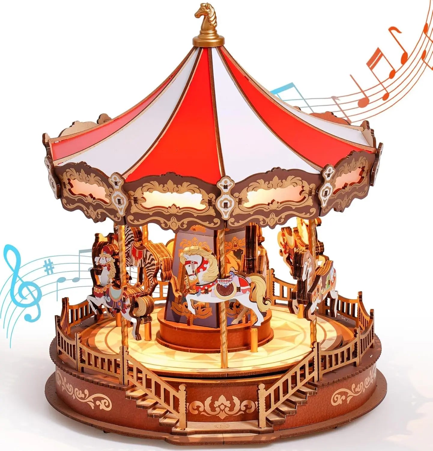 3D Wooden Carousel Music Box - DIY Rotating Model Kit with LED Lights & Classical Music