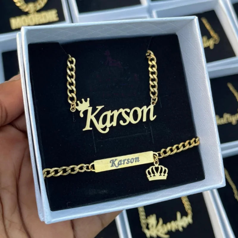 Custom Crown Name Jewelry Set - Stainless Steel Necklace & Bracelet Gift Set
