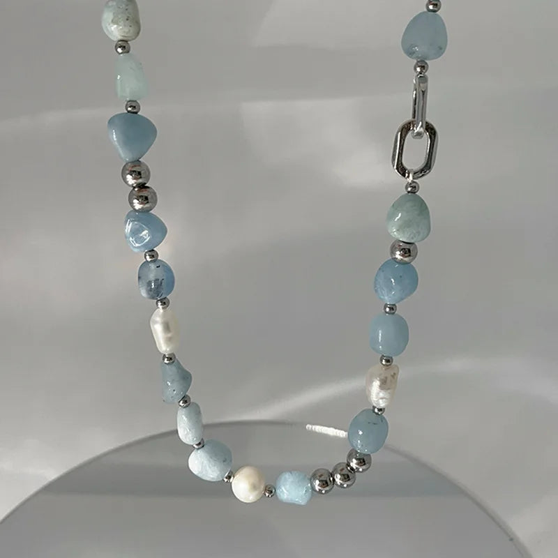 Natural Blue Stone & Freshwater Pearl Irregular Necklace – Vintage Summer Statement Jewelry for Women