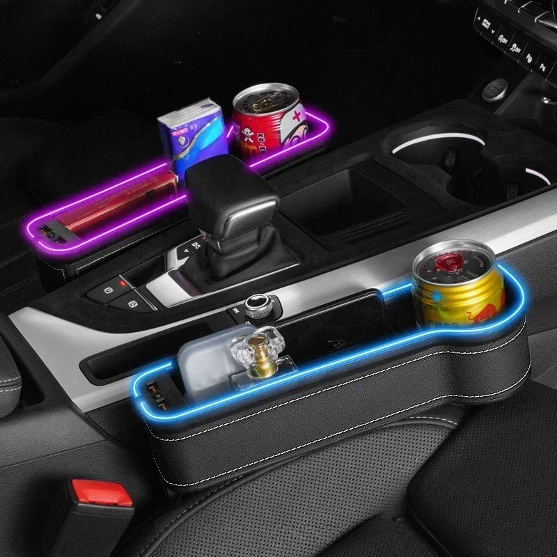 LED Car Seat Gap Organizer with Dual USB Charging & RGB Lights – Multifunctional Seat Crevice Storage Box