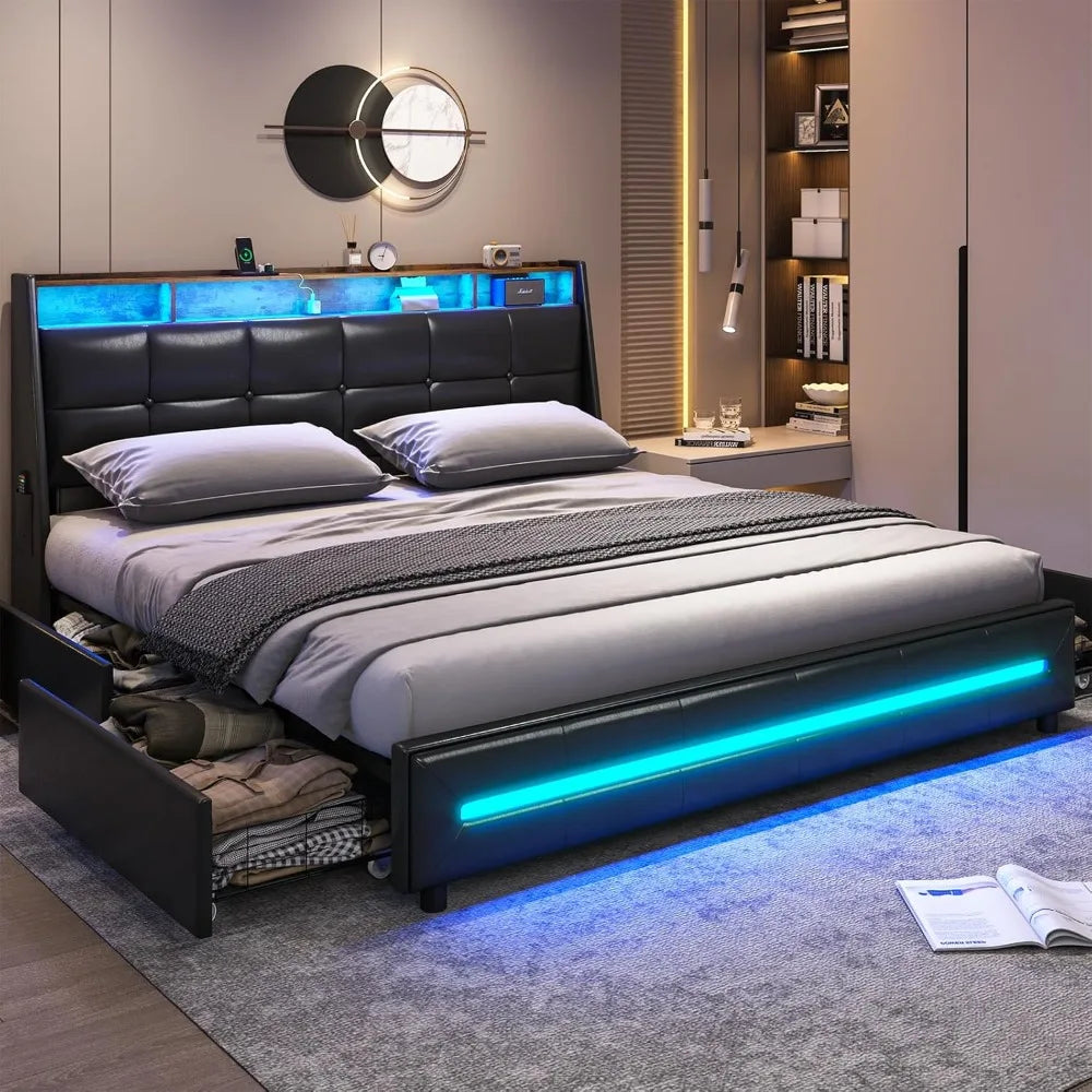 King Size LED Bed Frame – Smart Storage Headboard with USB Charging