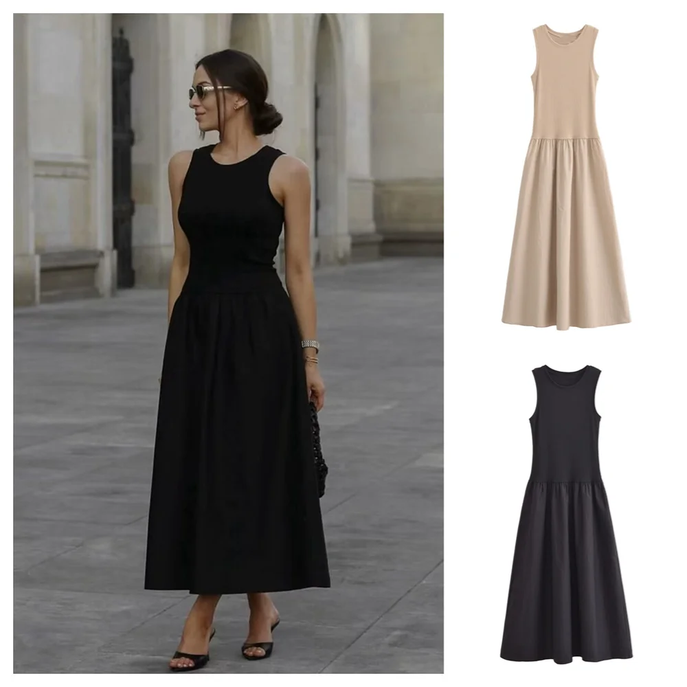 Women's Slim Fit Long Vest Dress - Casual Solid Color Splicing Maxi Skirt