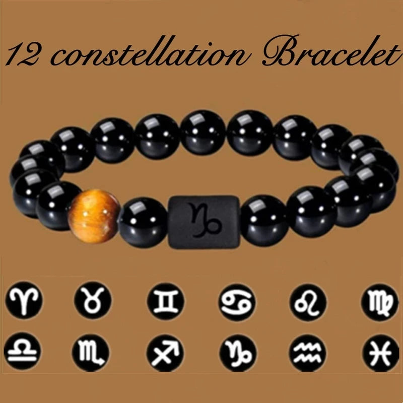 Black Onyx Zodiac Sign Bracelet – 12 Constellation Beaded Charm for Men & Women