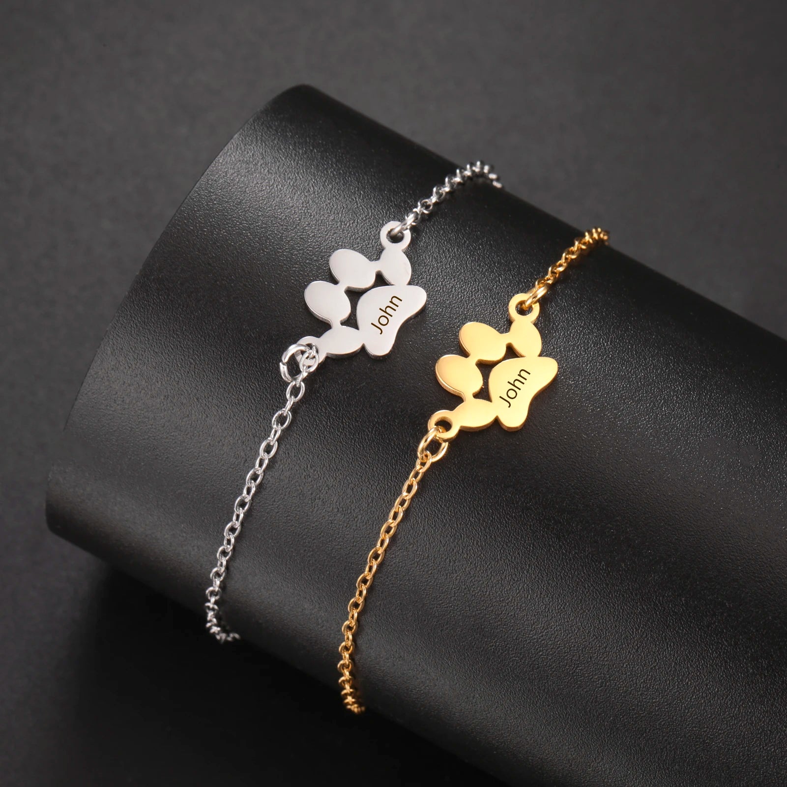 Personalized Paw Charm Bracelet - Custom Name Stainless Steel Pet Jewelry for Women