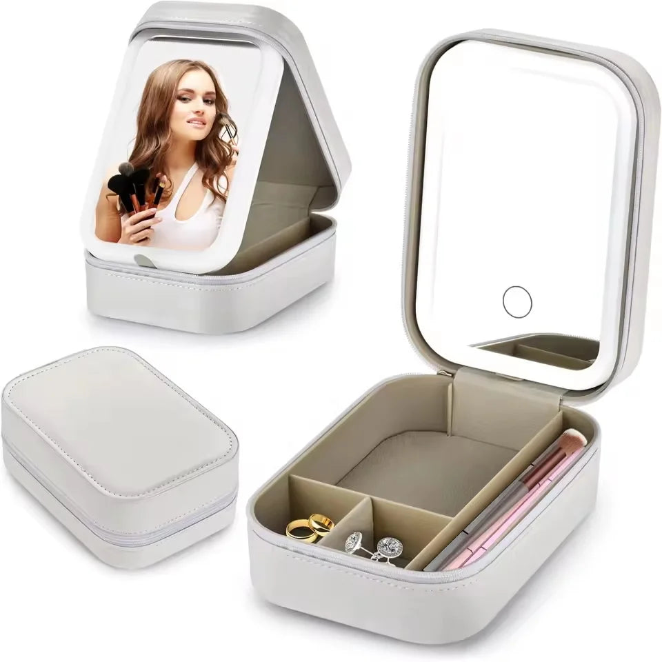 Rechargeable LED Makeup Mirror with Storage – 3-Color Light Travel Vanity Case