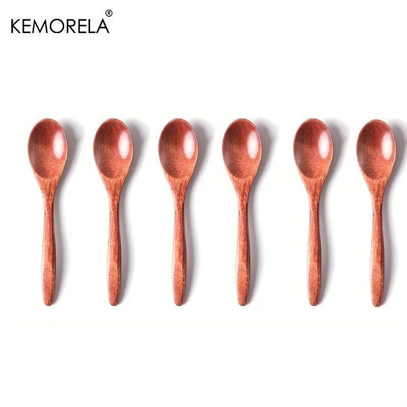 6-Piece Wooden Spoon Set – Long Handle Stirrers for Tea, Coffee & Desserts