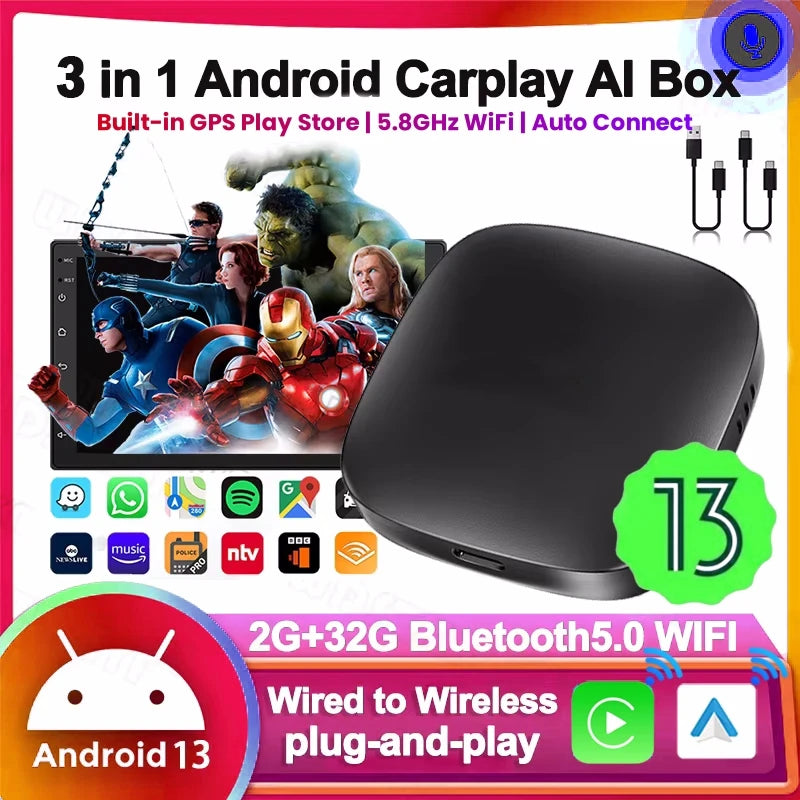 Android 13 AI Box - Wireless CarPlay & Android Auto Adapter with Built-in App Store