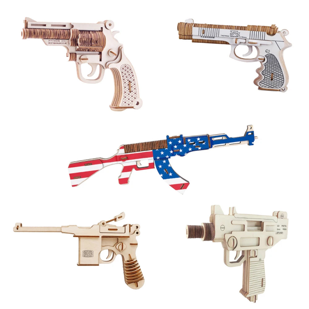Military-Themed 3D Wooden Puzzle - DIY Gun Model Building Kit for Kids & Adults