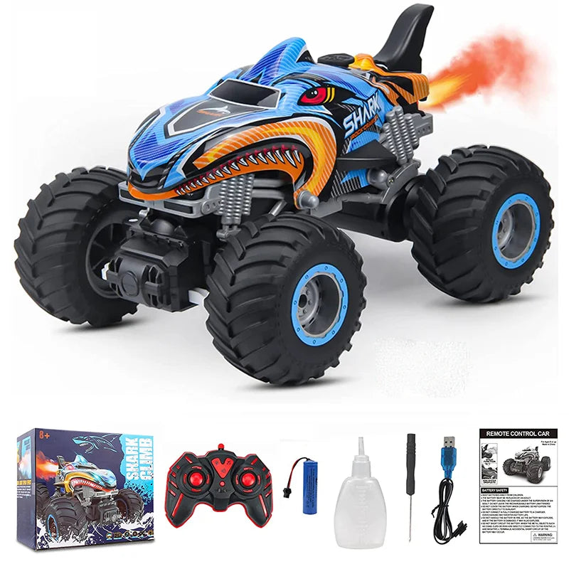 Monster Shark RC Car - Camión acrobático de control remoto de 2,4 GHz con luces y efecto de rociado