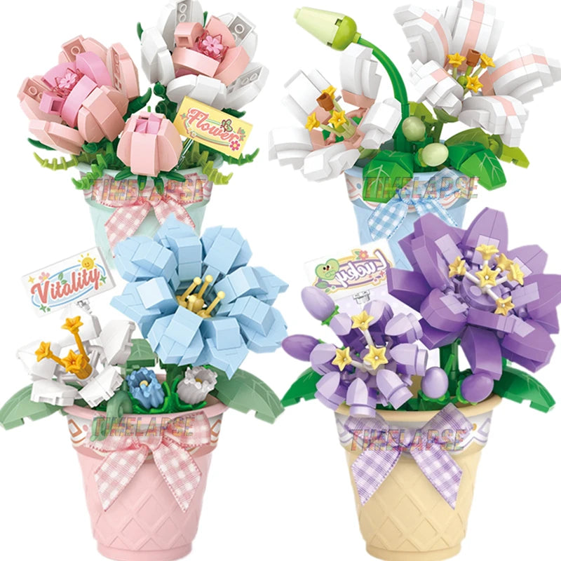 DIY Flower Bouquet Building Blocks Set - Cute Succulent & Rose Botanical Collection