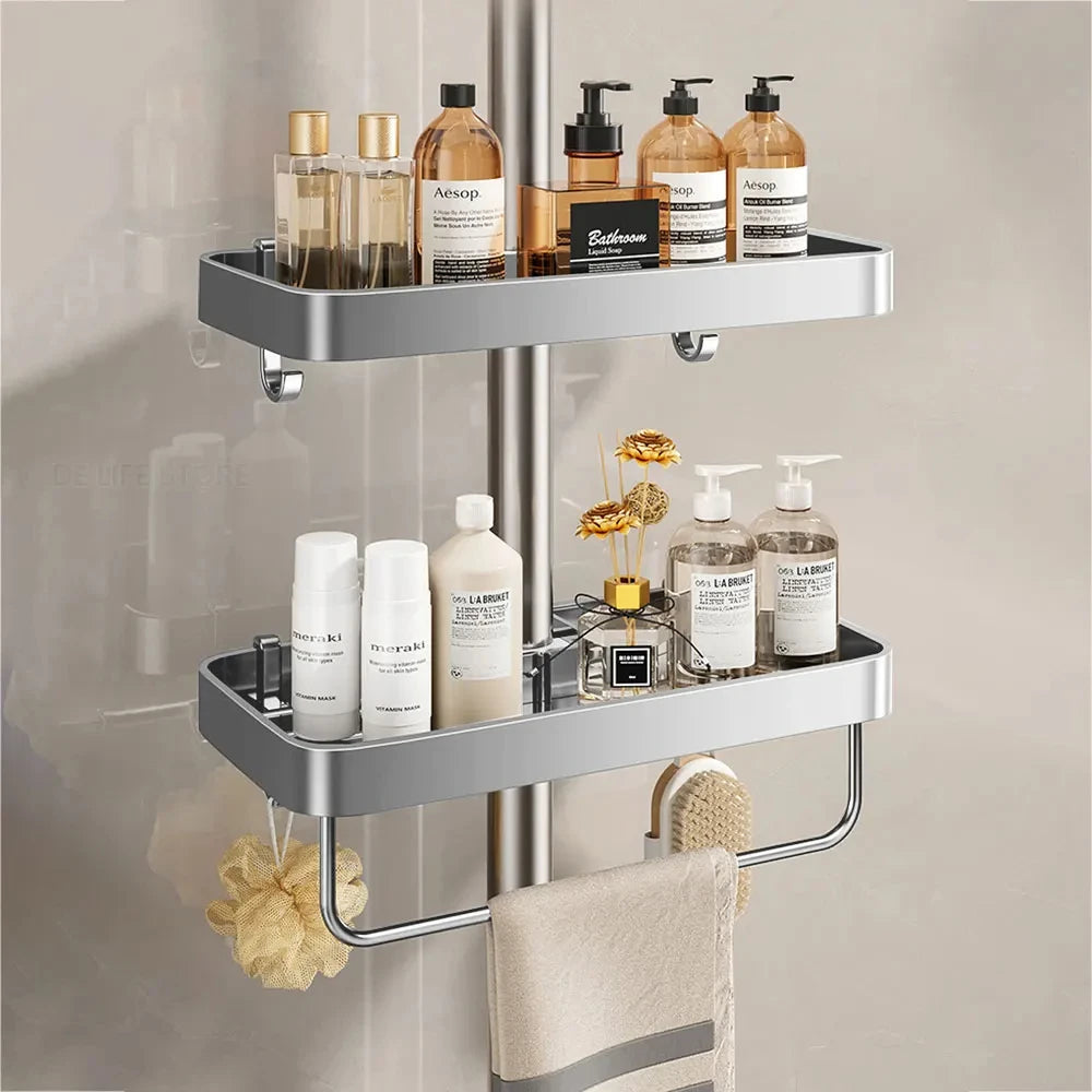 No-Drill Double-Tier Aluminum Bathroom Shelf – Space-Saving Shower Organizer