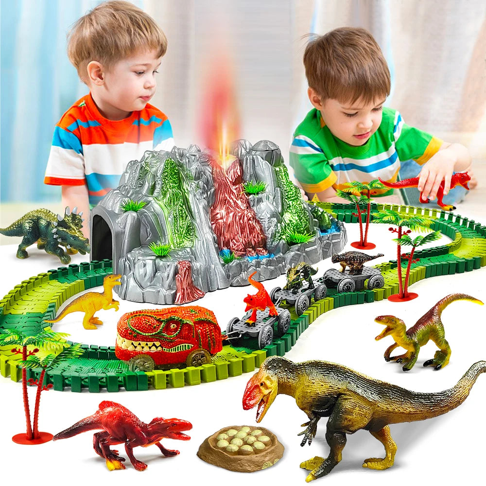 Juego de pista de carreras de dinosaurios con volcán que genera niebla: kit de tren de escalada a batería para niños