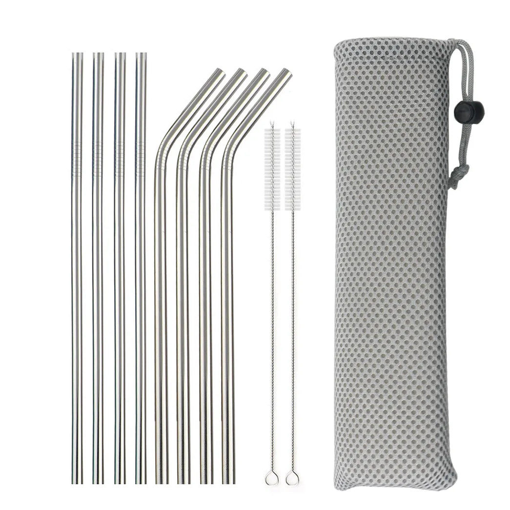 Reusable 304 Stainless Steel Drinking Straws – Eco-Friendly Metal Straw Set with Cleaning Brush