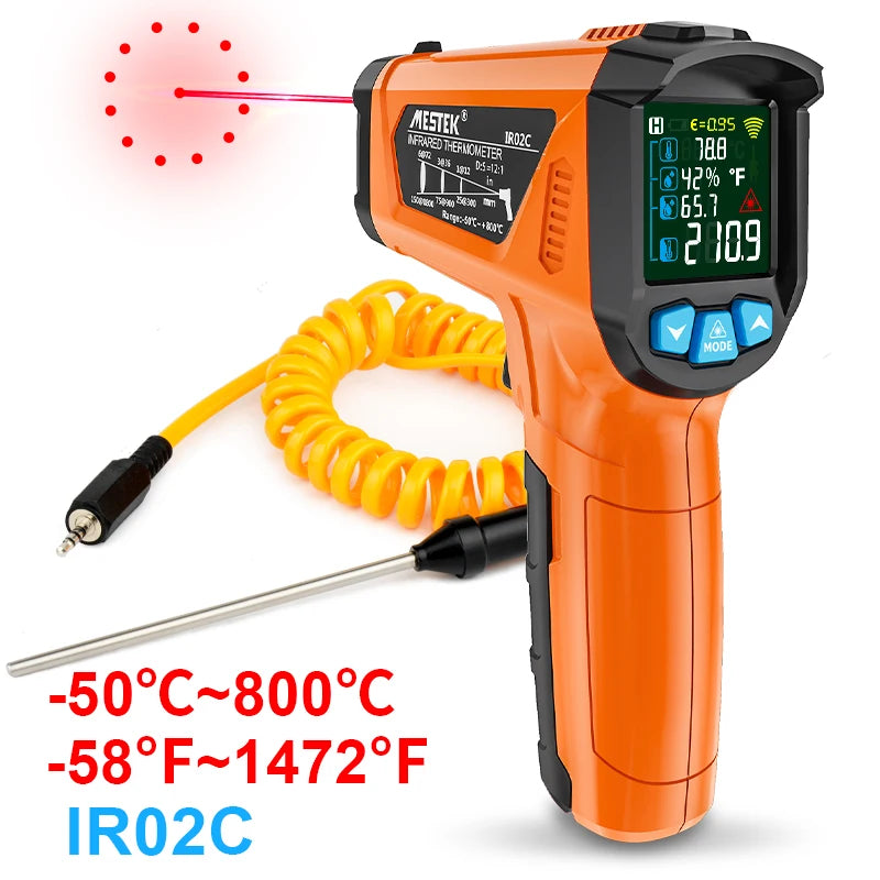 High Precision Industrial Infrared Thermometer with 12-Point Laser, Humidity Sensor & Adjustable Emissivity (-50~800°C)