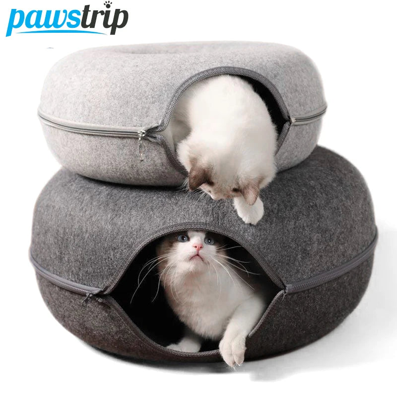 Donut Cat Bed with Tunnel – Interactive Felt Cave for Kittens & Small Pets