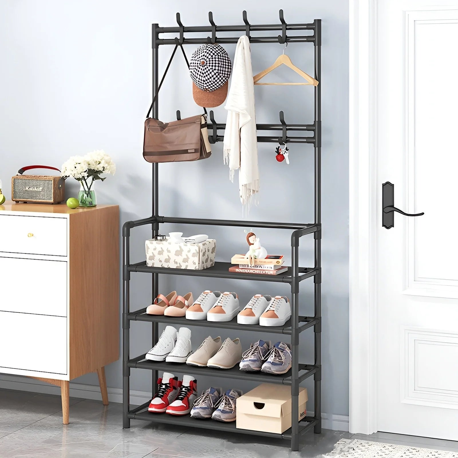 Modern Metal Coat and Shoe Rack with Hooks for Entryway