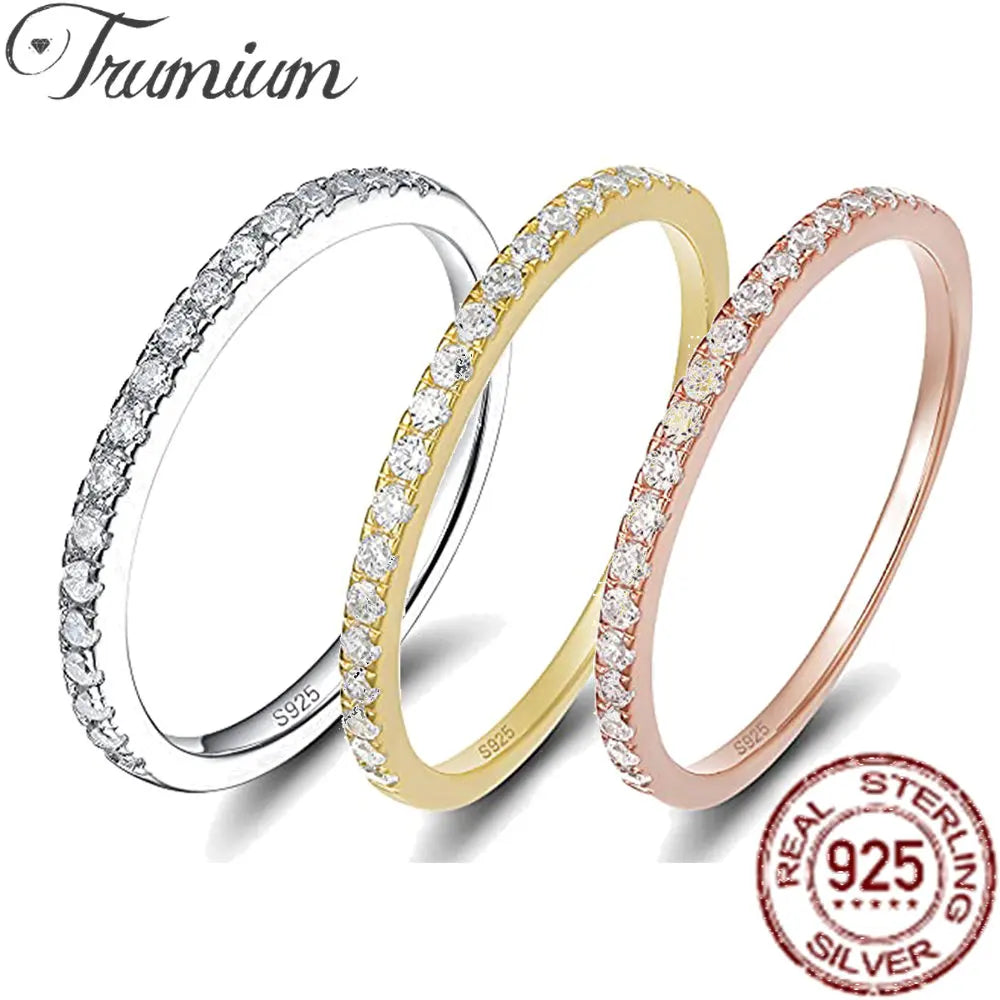 Anillos Trumium de plata de ley 925 de 2 mm para mujer, con incrustaciones de circonitas, anillo apilable de media eternidad, joyería fina para aniversario de bodas