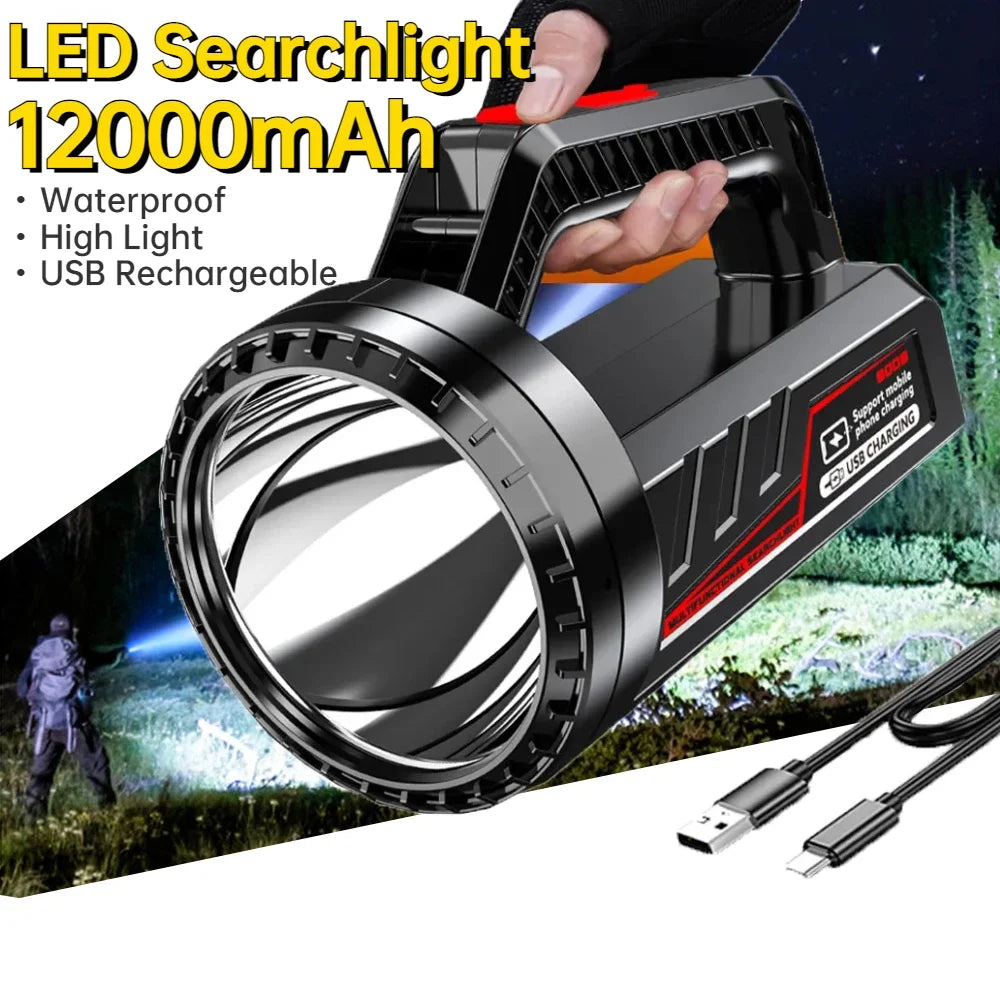 Powerful LED Searchlight – 12000mAh Rechargeable Torch with Long-Range P90 LED