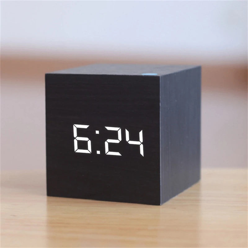 Modern Wooden Digital LED Alarm Clock with USB or Battery Power