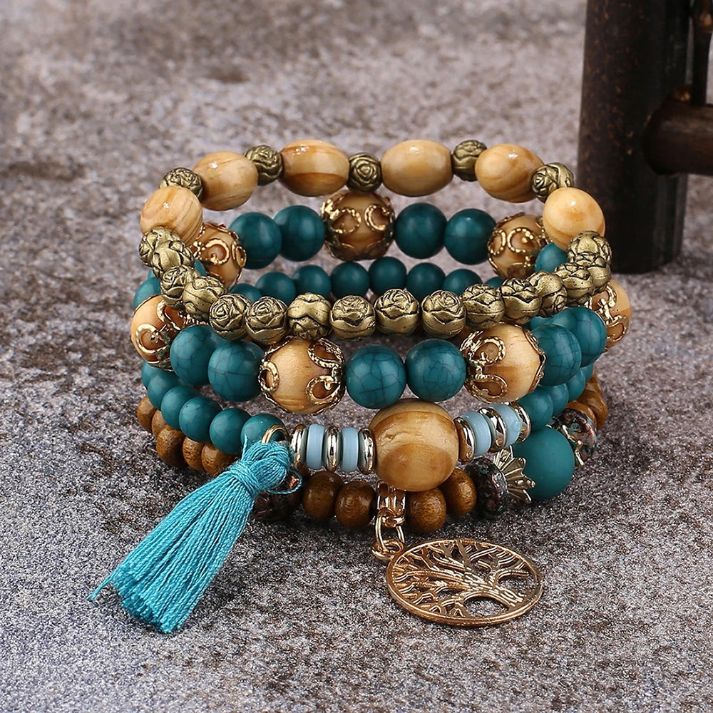 Juego de pulseras con diseño de árbol de la vida estilo bohemio para mujer, con borlas a la moda, cuentas de madera, cadena elástica, joyería de fiesta moderna para niña
