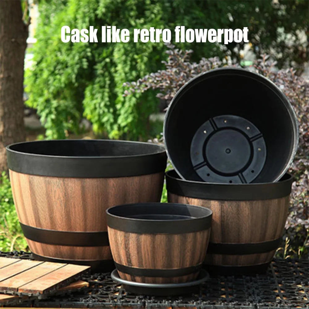 Classic Whiskey Barrel Resin Planter with Drainage Holes for Indoor & Outdoor Use
