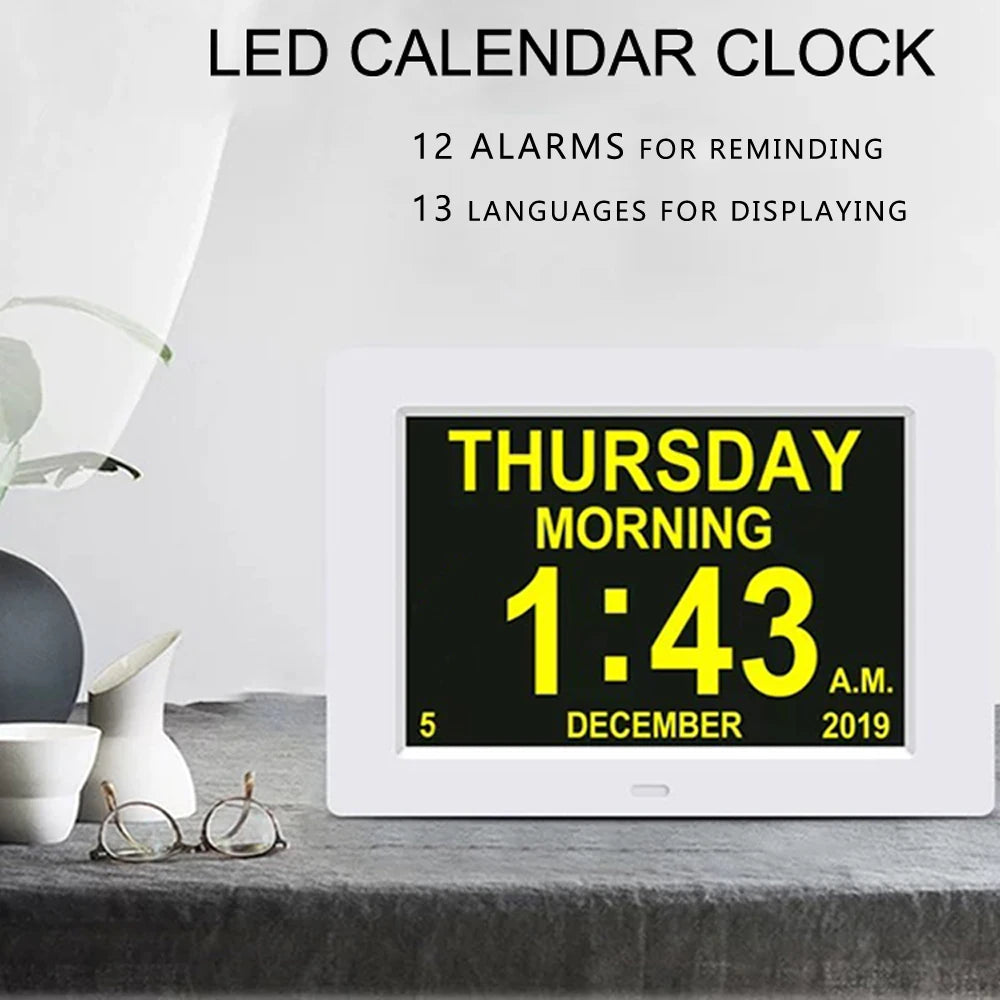 12-Alarm Multilingual LED Calendar Clock - Medicine Reminder & Daily Planner with Auto-Brightness