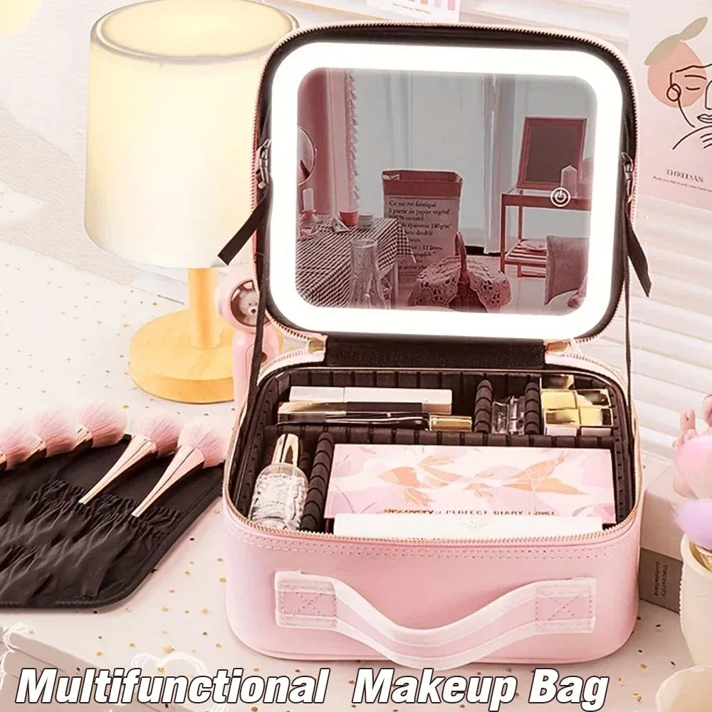 LED Illuminated Makeup Travel Bag – Waterproof Cosmetic Organizer with Mirror & USB Charging