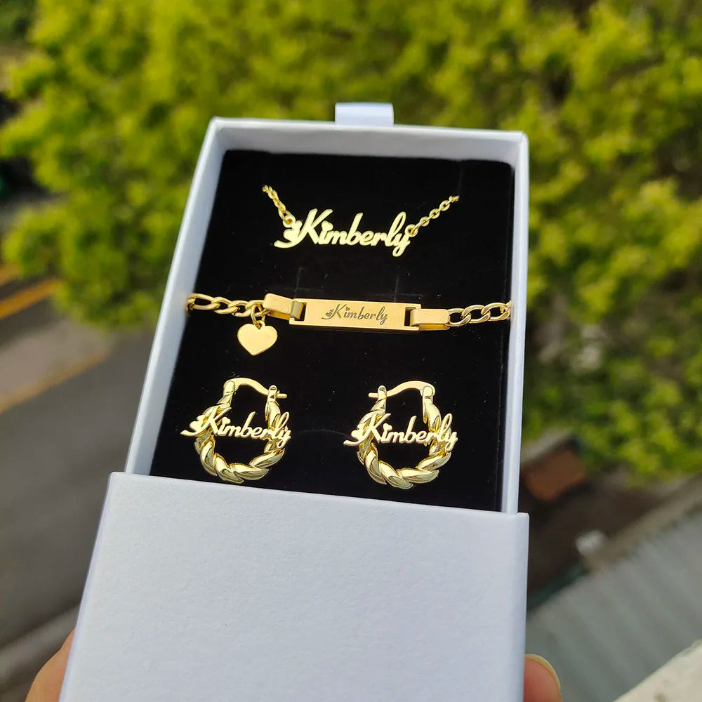 Personalized Name Jewelry Set - Stainless Steel Custom Necklace, Bracelet & Earrings