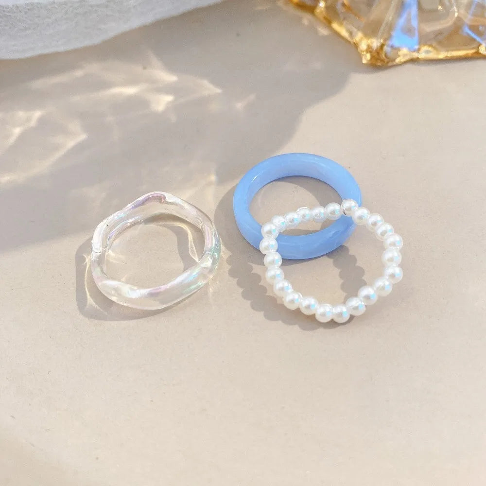 Korean Style Resin & Pearl Ring Set – Trendy Minimalist Fashion Jewelry for Women
