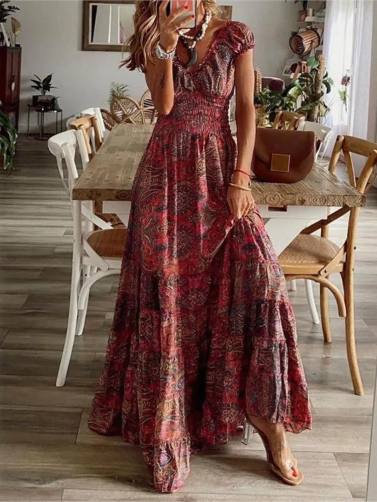 Women's Floral Print A-Line Dress with Petal Sleeves – Summer V-Neck Maxi Dress