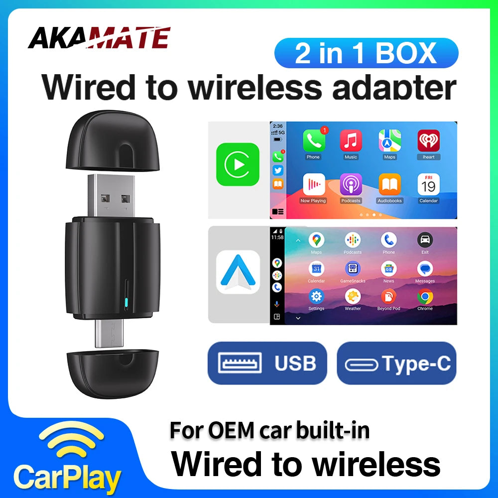 2-in-1 Wireless CarPlay & Android Auto Adapter – USB/Type-C Plug & Play