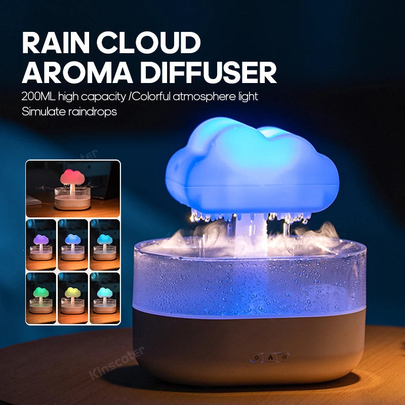 Cloud-Shaped Essential Oil Diffuser with Raindrop Effect – Ultrasonic Aromatherapy Humidifier
