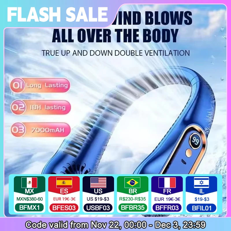 Bladeless Neck Fan – Ultra-Quiet, Hands-Free Cooling with 5-Speed Adjustable Wind