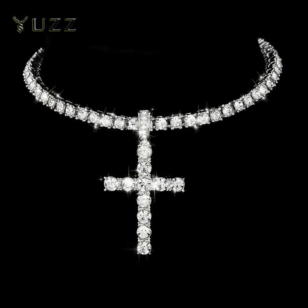 Iced Out Cross Pendant Necklace – Hip Hop Tennis Chain for Men & Women