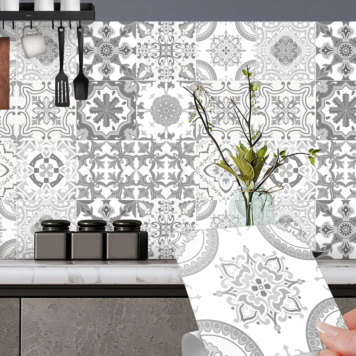 12PCS Gray Moroccan Tile Stickers – Waterproof Vinyl Peel & Stick Wall Decals for Kitchen & Bathroom