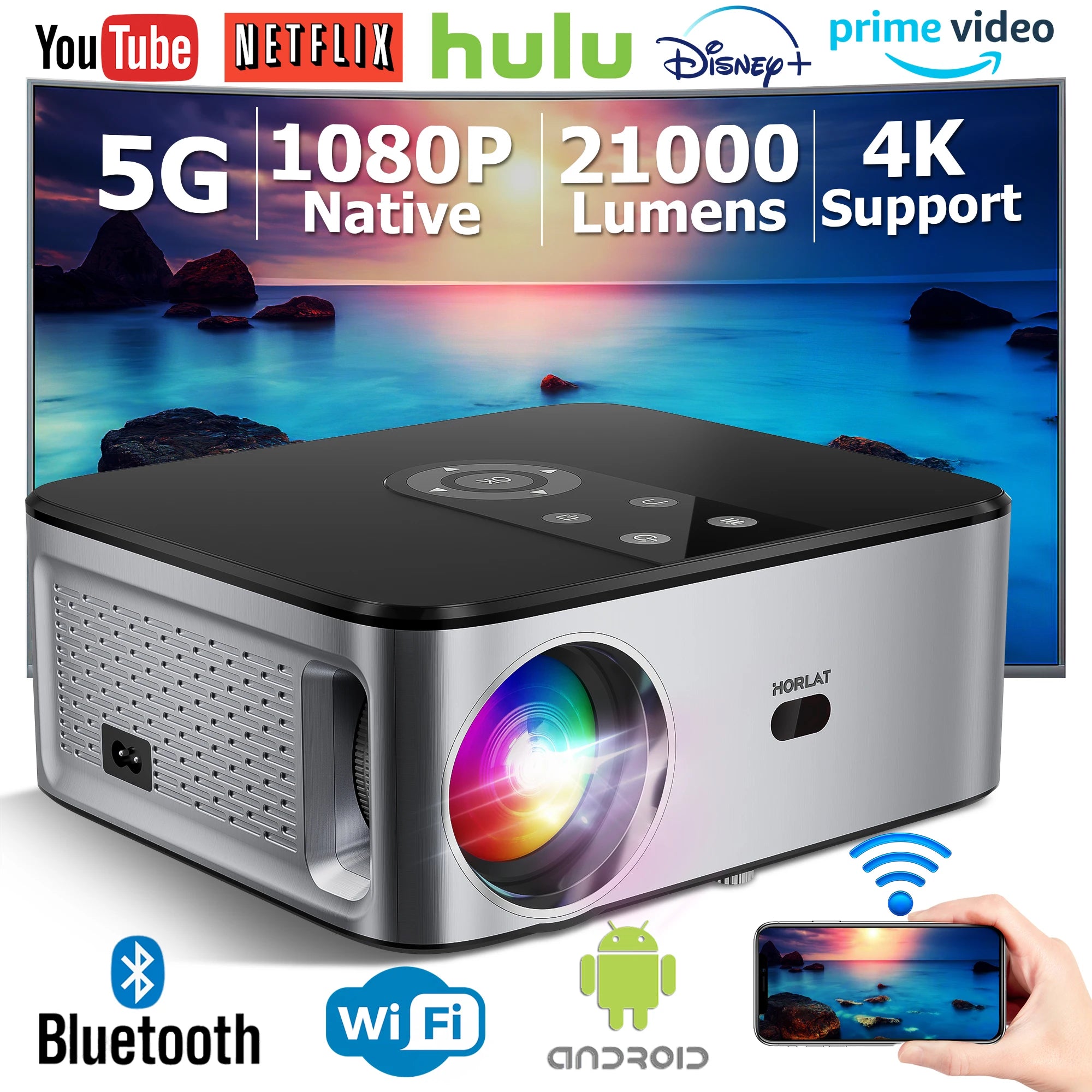 Full HD 1080P Android Projector with 1100 ANSI Lumens, 4K Support, Bluetooth 5.2, WiFi, Auto Keystone Correction for Home Theater