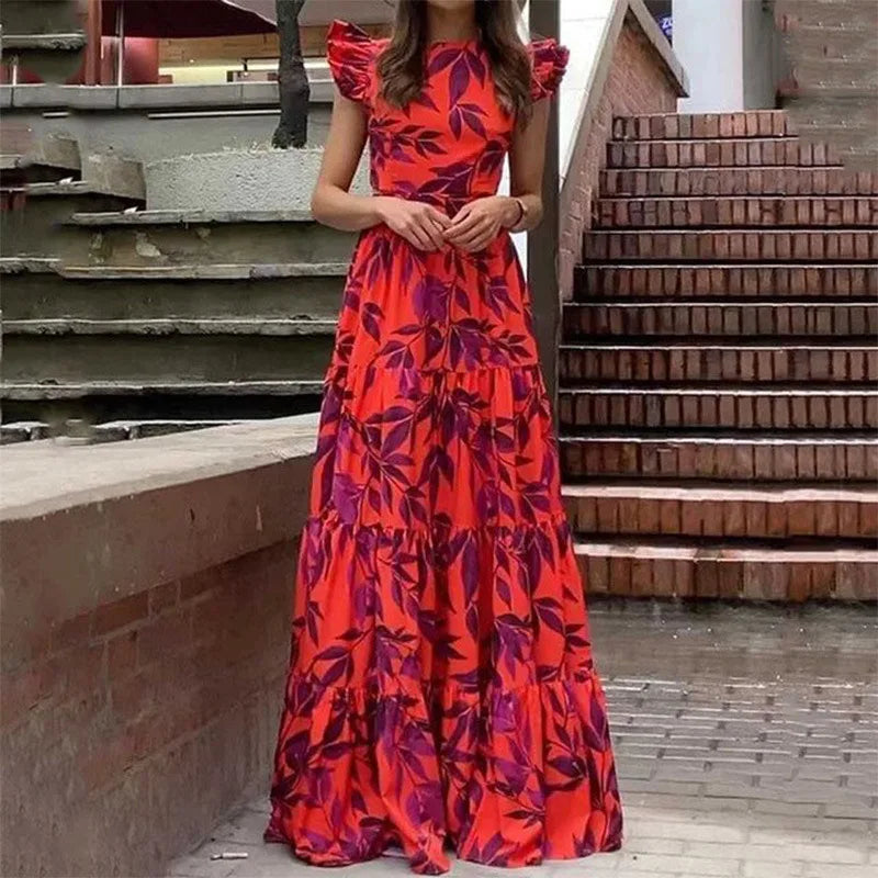 Women's Floral Print Maxi Dress with Lace-Up Detail – Boho Summer Floor-Length Dress