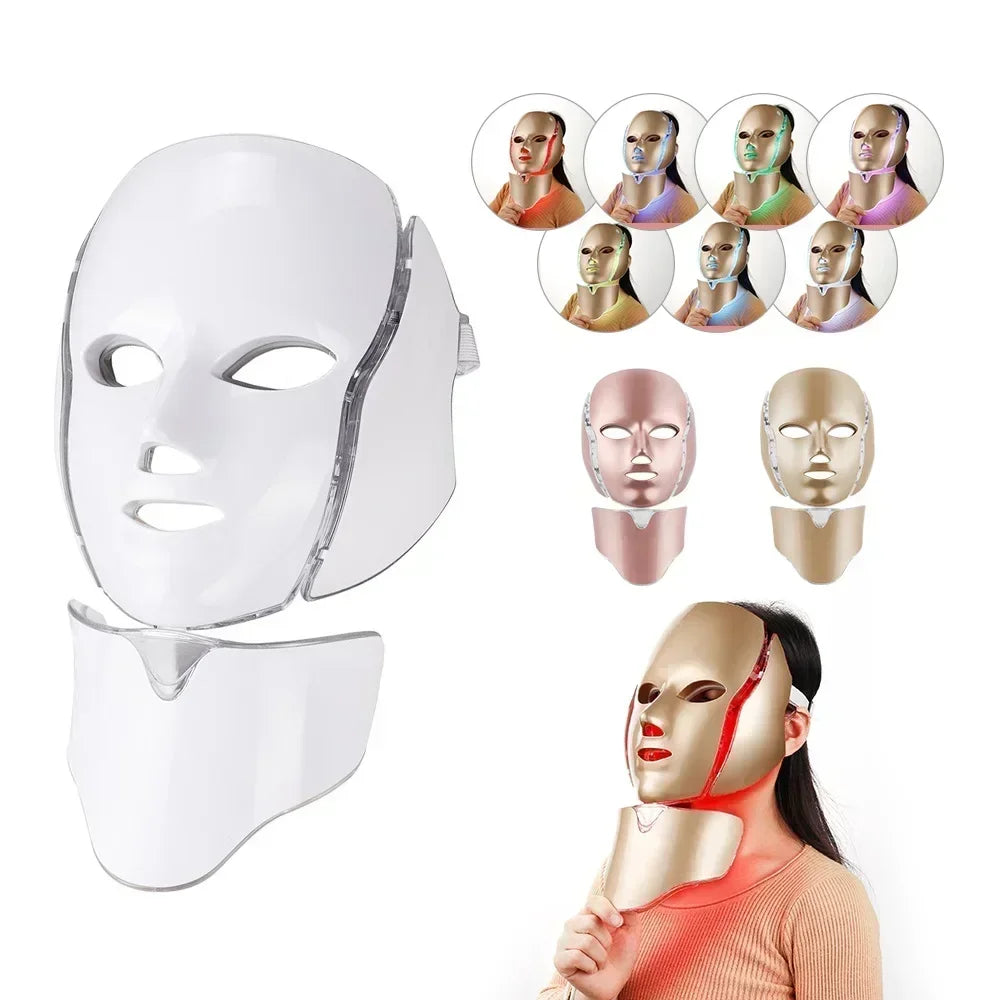 7-Color LED Facial Mask with Neck Therapy - Professional Skin Rejuvenation Treatment
