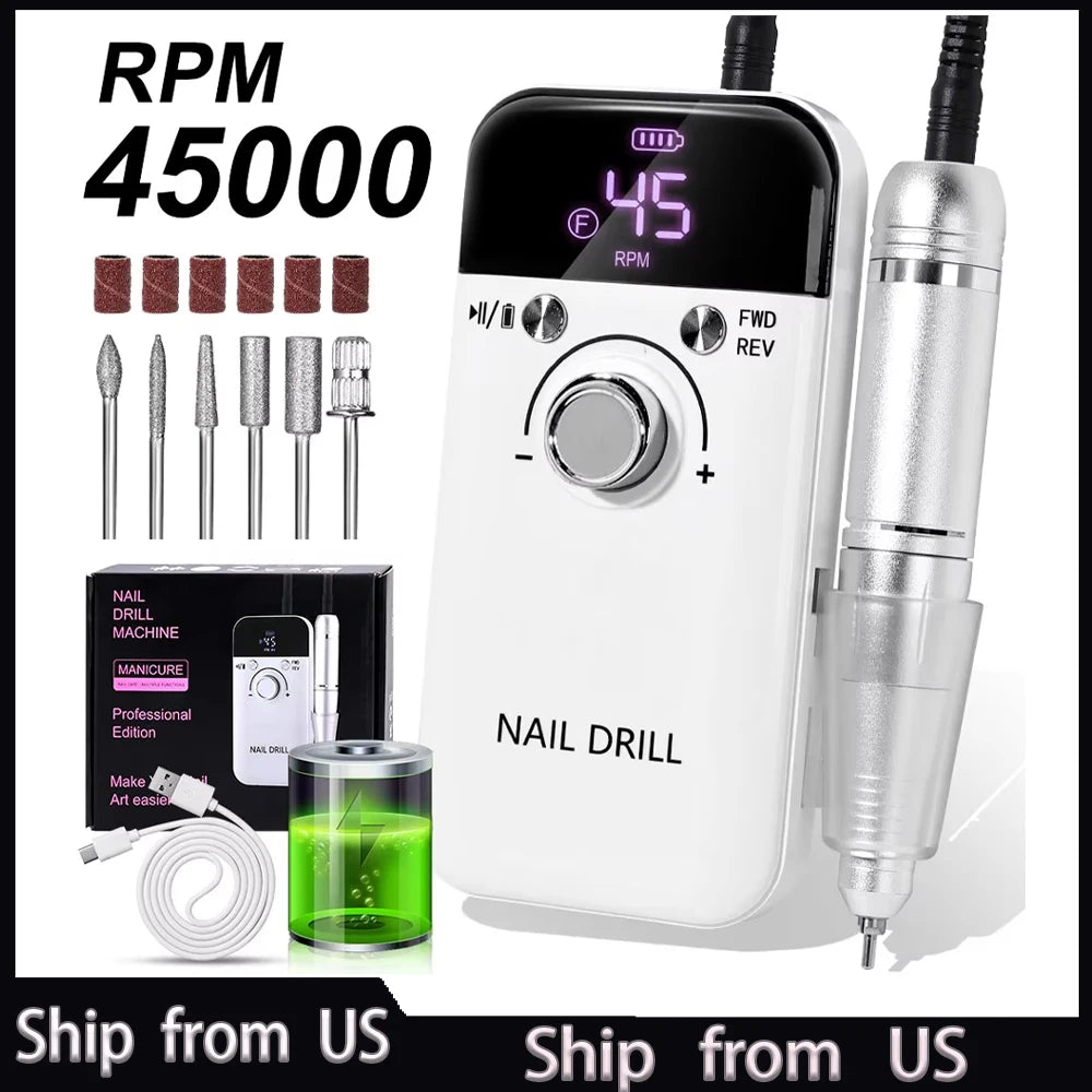 High-Speed Electric Nail Drill for Acrylic Nails – 45,000 RPM, LCD Display, Rechargeable & Portable
