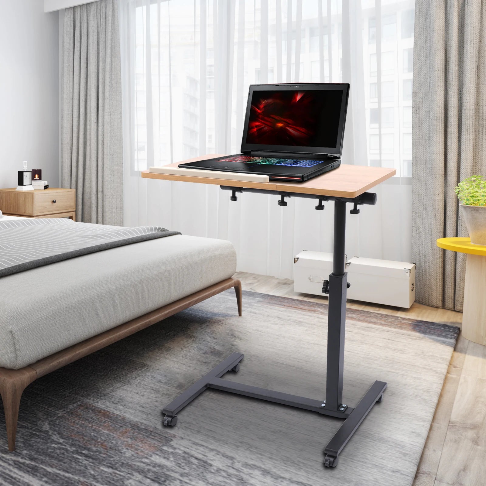 Height Adjustable Laptop Desk with 360° Rotating Tabletop, Mobile Rolling Stand for Home Office