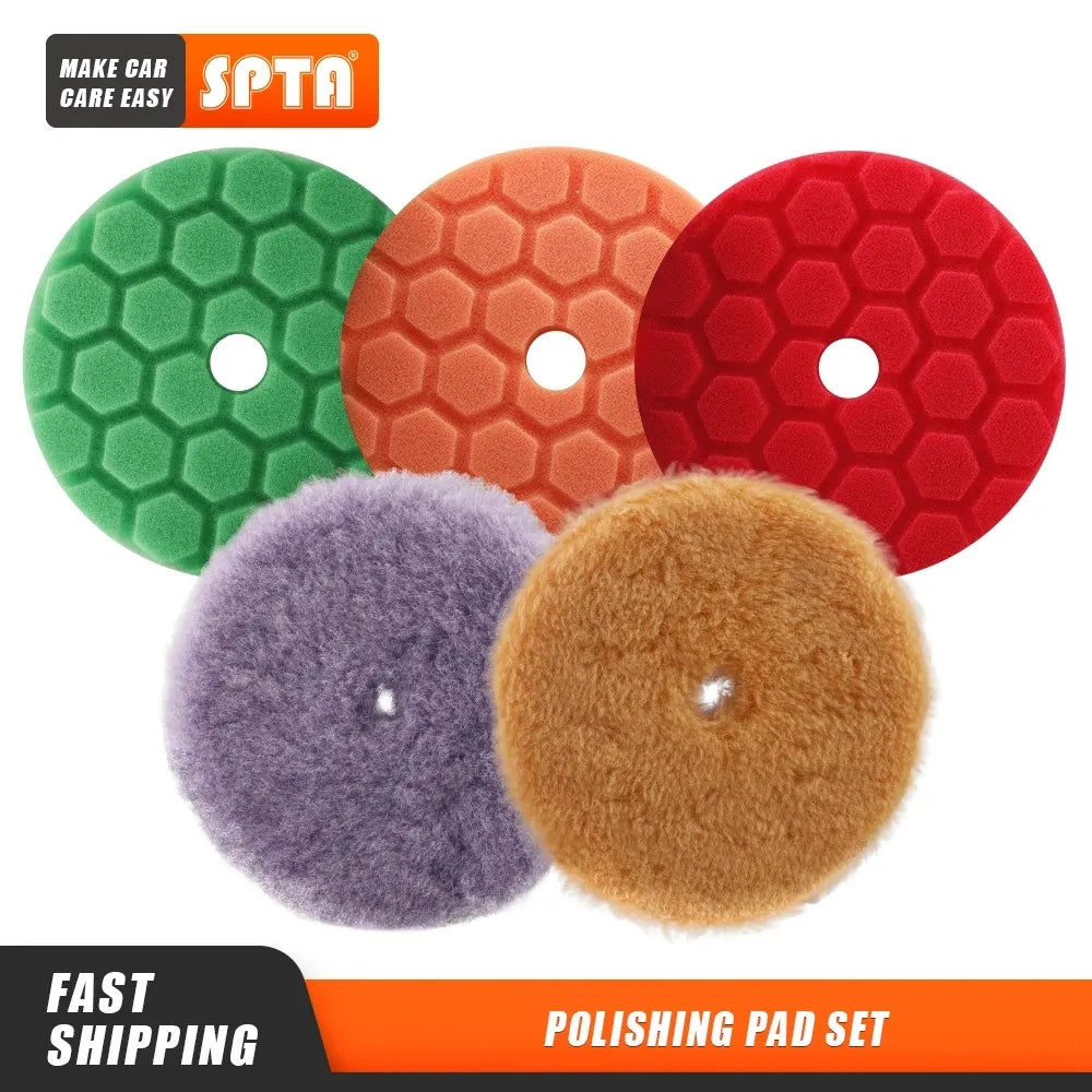5-Piece Car Polishing Pad Set – 3”, 5”, 6” Sponge and Wool Pads for DA/RO Polishers